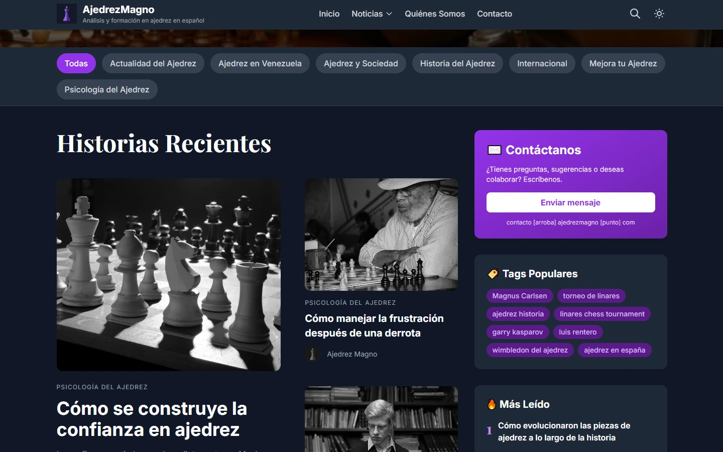 Portada de AjedrezMagno con artículos y categorías de ajedrez