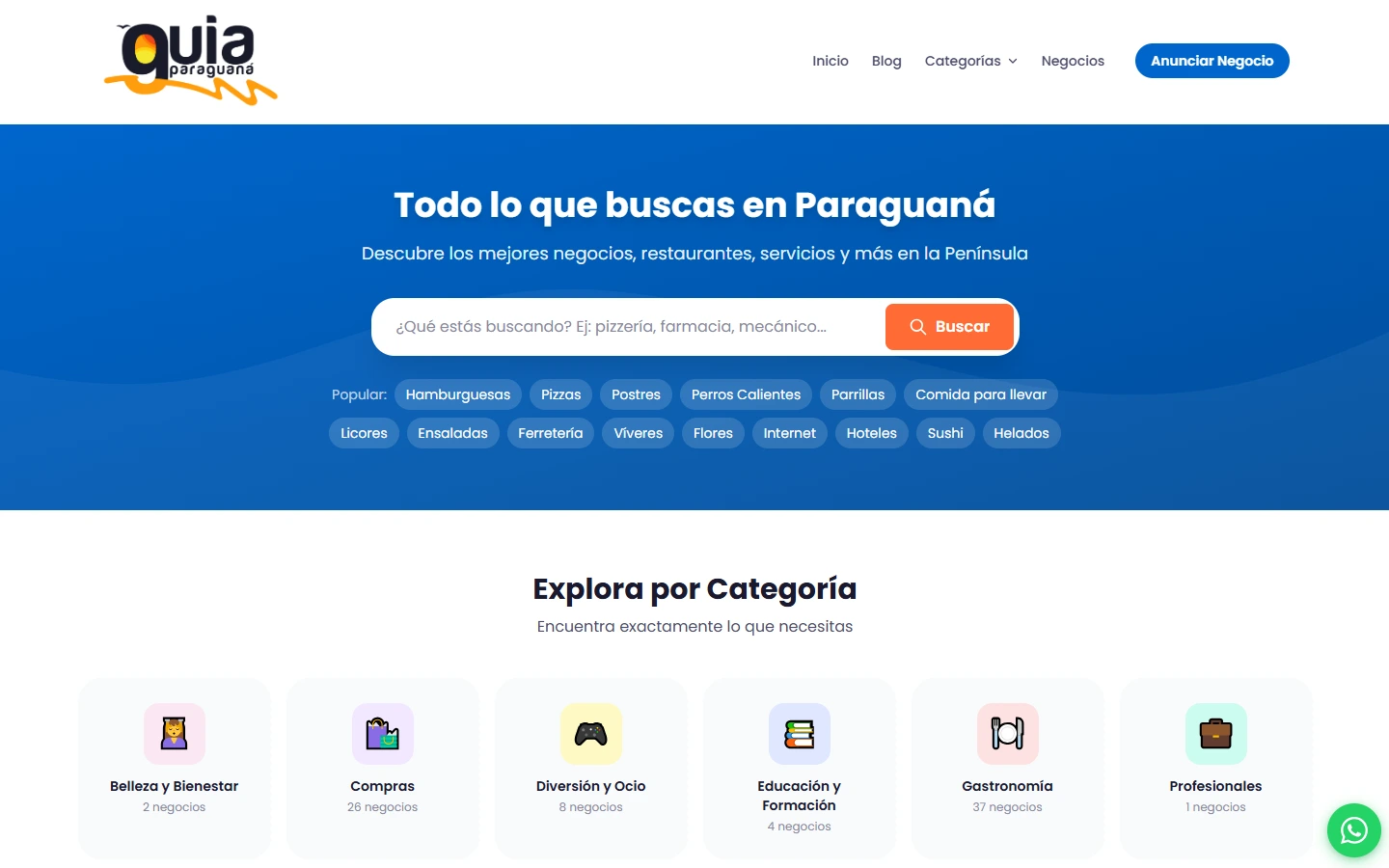 Portada de Guía Paraguaná con buscador y categorías de negocios